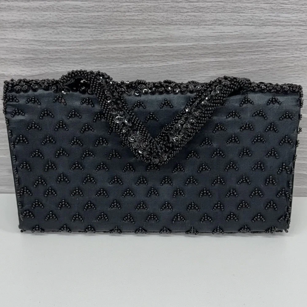 Vintage 1950s Black Beaded Sequin Evening Bag Clutch Purse Handmade‎ Hong Kong